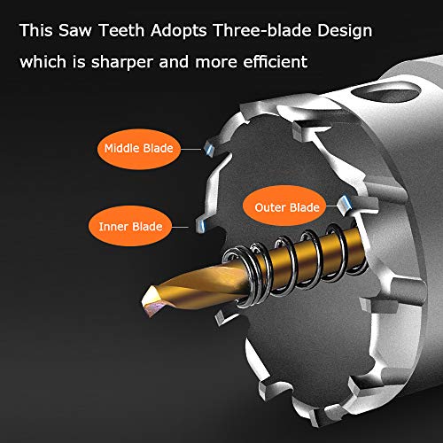 ASNOMY 8PCS Large TCT Hole Saw Kit for Hard Metal, 5/8"-2-3/8" (16-60mm) Carbide Tipped Hole Saw Hole Cutter with Titanium-Plated Pilot Drill bit for Metal, Stainless Steel, Iron, Wood, Plastic