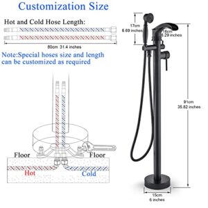 Senlesen Matte Black Bathroom Single Handle Freestanding Bathtub Faucet Floor Mounted Waterfall Tub Filler with Hand Shower Set