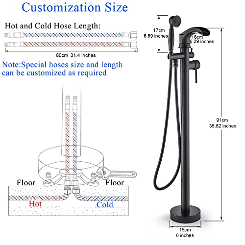 Senlesen Matte Black Bathroom Single Handle Freestanding Bathtub Faucet Floor Mounted Waterfall Tub Filler with Hand Shower Set