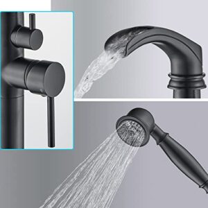 Senlesen Matte Black Bathroom Single Handle Freestanding Bathtub Faucet Floor Mounted Waterfall Tub Filler with Hand Shower Set