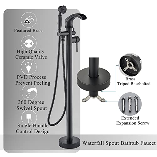 Senlesen Matte Black Bathroom Single Handle Freestanding Bathtub Faucet Floor Mounted Waterfall Tub Filler with Hand Shower Set