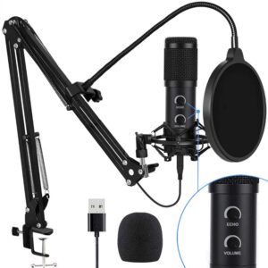 upgraded usb condenser microphone for computer, great for gaming, podcast, livestreaming, youtube recording, karaoke on pc, plug & play, with adjustable metal arm stand, ideal for gift, black