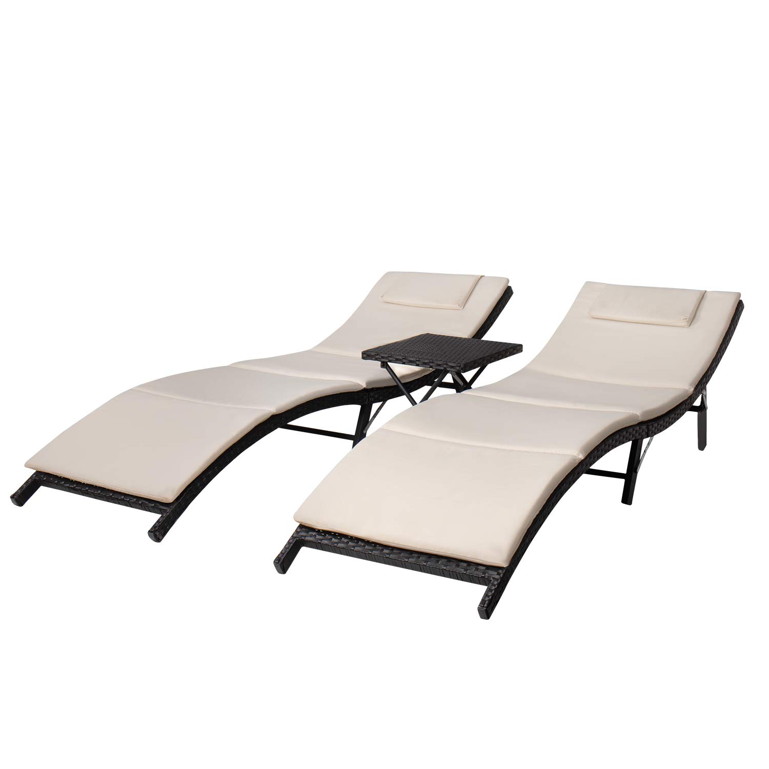 VICTONE Lounge Chairs for Outside, 3 Pieces Patio Chaise Set Outdoor Poolside PE Rattan Reclining Chair with Cushion and Folding Table (Beige)