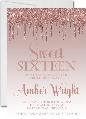 Pink Sweet 16 Invitations, Rose Gold Sweet 16 Invitations With Envelopes (Rose Gold)