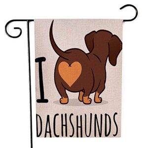 emmteey dachshund art garden flag double sided burlap decoration 12.5x18 for yard outdoor decor garden flag cute dachshund dog cartoon isolated on white love chocolate and tan wiener sausage rear