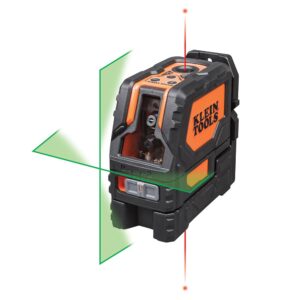 klein tools 93lclg laser level, self leveling, hi-viz green cross line level with red plumb spot and magnetic mounting clamp
