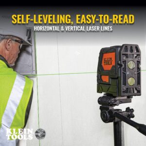 Klein Tools 93LCLG Laser Level, Self Leveling, Hi-Viz Green Cross Line Level with Red Plumb Spot and Magnetic Mounting Clamp