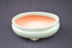 bonsai ceramic pot 10", green, oval, green color, glazed with draining holes.