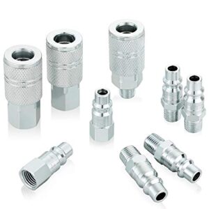wynnsky industrial air coupler and plug kit, 3/8 inch high flow body size, 1/4 inch npt threads size, steel material, 9 pieces air compressor hose accessories fittings