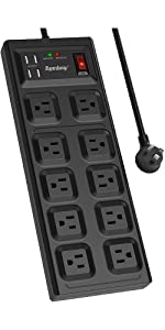 Power Strip Surge Protector, SUPERDANNY 10 Wide Outlets with 4 USB Charging Ports,1875W/15A, Flat Plug,2800 Joules Surge Protection with 5 Ft Extension Cord for Home,Office, Black