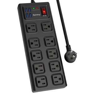 power strip surge protector, superdanny 10 wide outlets with 4 usb charging ports,1875w/15a, flat plug,2800 joules surge protection with 5 ft extension cord for home,office, black