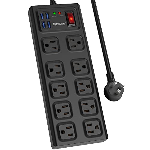 Power Strip Surge Protector, SUPERDANNY 10 Wide Outlets with 4 USB Charging Ports,1875W/15A, Flat Plug,2800 Joules Surge Protection with 5 Ft Extension Cord for Home,Office, Black