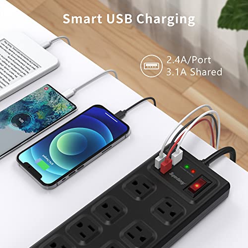 Power Strip Surge Protector, SUPERDANNY 10 Wide Outlets with 4 USB Charging Ports,1875W/15A, Flat Plug,2800 Joules Surge Protection with 5 Ft Extension Cord for Home,Office, Black