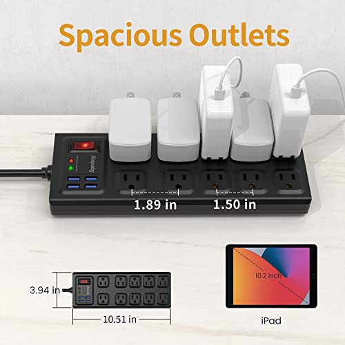 Power Strip Surge Protector, SUPERDANNY 10 Wide Outlets with 4 USB Charging Ports,1875W/15A, Flat Plug,2800 Joules Surge Protection with 5 Ft Extension Cord for Home,Office, Black