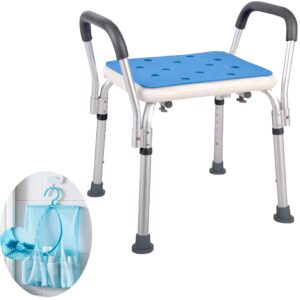 medokare shower chair with padded seat - shower bench for seniors with tote bag and handles, shower stool bath chair for elderly, handicap tub shower seats for adults (white stool with rail)