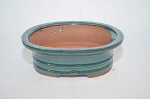 bonsai ceramic pot 7", teal color, oval shape,glazed with draining holes.