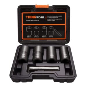 thinkwork lug nut remover, 5 pieces wheel lock removal kit for removing stripped, damaged, frozen, rusted, rounded-off bolts, nuts & screws