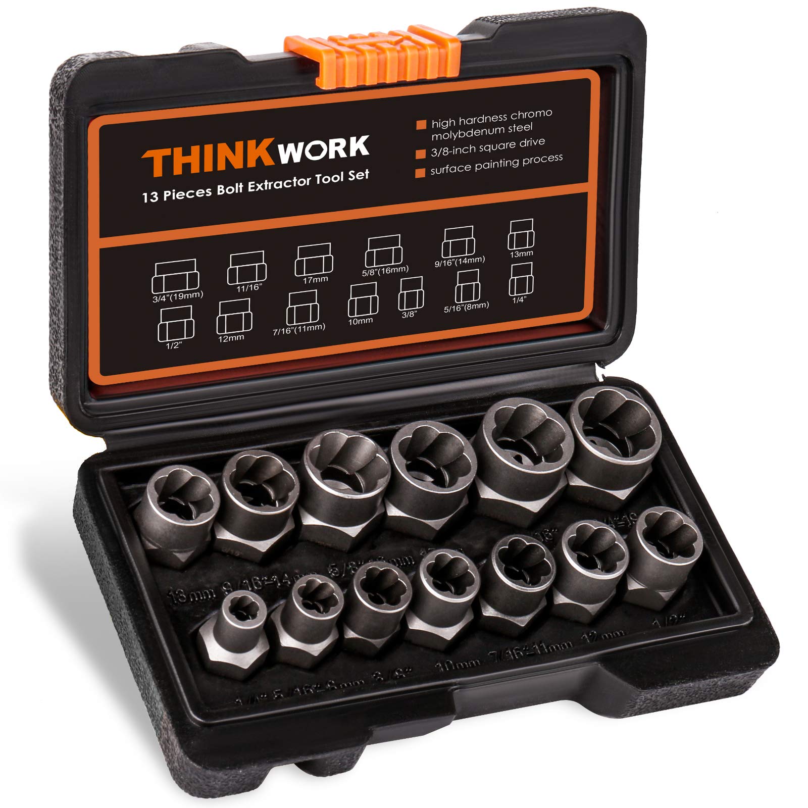 THINKWORK Bolt Extractor Set, 13+1 Pieces Impact & Nut Remover Stripped Lug Remover, Extraction Socket Set for Removing Damaged, Frozen, Rusted, Rounded-Off Bolts, Nuts Screws