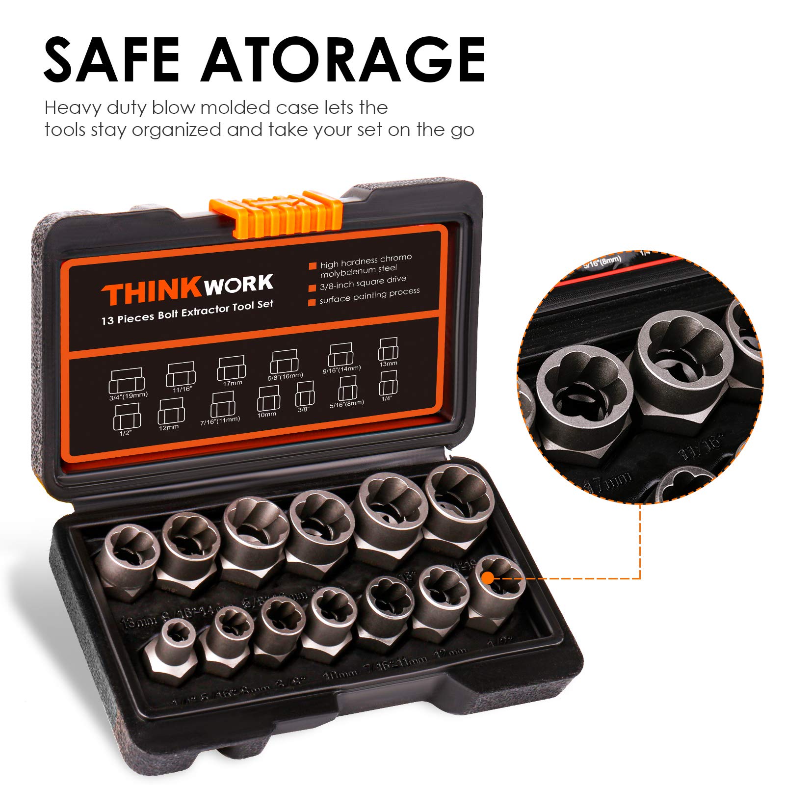 THINKWORK Bolt Extractor Set, 13+1 Pieces Impact & Nut Remover Stripped Lug Remover, Extraction Socket Set for Removing Damaged, Frozen, Rusted, Rounded-Off Bolts, Nuts Screws