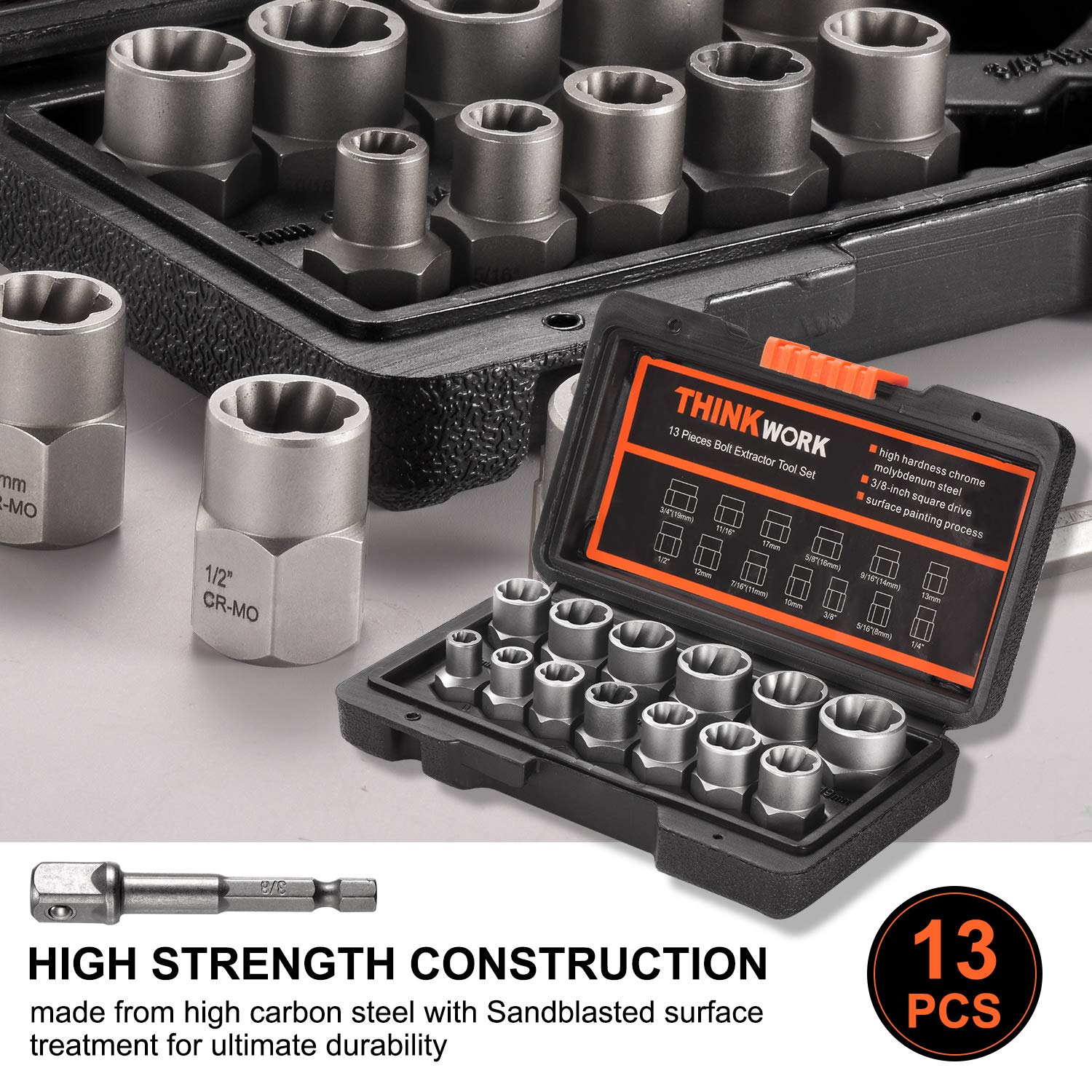 THINKWORK Bolt Extractor Set, 13+1 Pieces Impact & Nut Remover Stripped Lug Remover, Extraction Socket Set for Removing Damaged, Frozen, Rusted, Rounded-Off Bolts, Nuts Screws