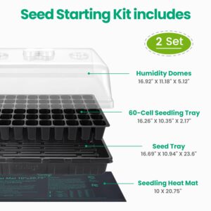 2 Set 60-Cell Seed Starter Kit - Strong Seed Trays with Humidity Domes, Cell Trays and Seedling Heat Mats - Cloning, Propagation and Germination Station