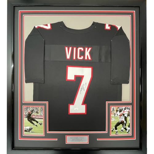 Framed Autographed/Signed Michael Mike Vick 33x42 Atlanta Retro Black Football Jersey JSA COA