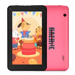 haehne 7 inch tablet, android 9.0 pie, 1g ram 16gb storage, quad core processor, 7" ips display, dual camera, fm, wifi only, bluetooth, pink