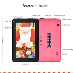 Haehne 7 inch Tablet, Android 9.0 Pie, 1G RAM 16GB Storage, Quad Core Processor, 7" IPS Display, Dual Camera, FM, WiFi Only, Bluetooth, Pink