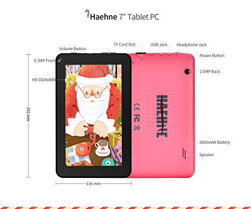 Haehne 7 inch Tablet, Android 9.0 Pie, 1G RAM 16GB Storage, Quad Core Processor, 7" IPS Display, Dual Camera, FM, WiFi Only, Bluetooth, Pink
