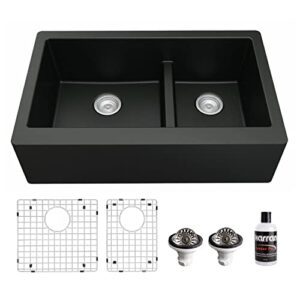 karran qa-760 34" undermount large/small bowl quartz farmhouse kitchen sink kit in black