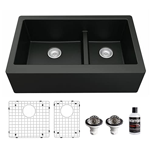 Karran QA-760 34" Undermount Large/Small Bowl Quartz Farmhouse Kitchen Sink Kit in Black