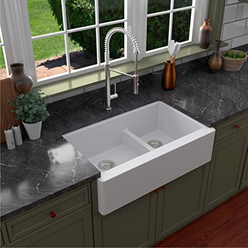 Karran QA-760 34" Undermount Large/Small Bowl Quartz Farmhouse Kitchen Sink Kit in Black