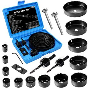 petuol hole saw set, 22pcs hole saw kit with 3/4" to 5" (19mm-127mm) 13pcs saw blades, mandrels, installation plate, drill bits, hex key with storage box, ideal for soft wood, plywood, drywall, pvc