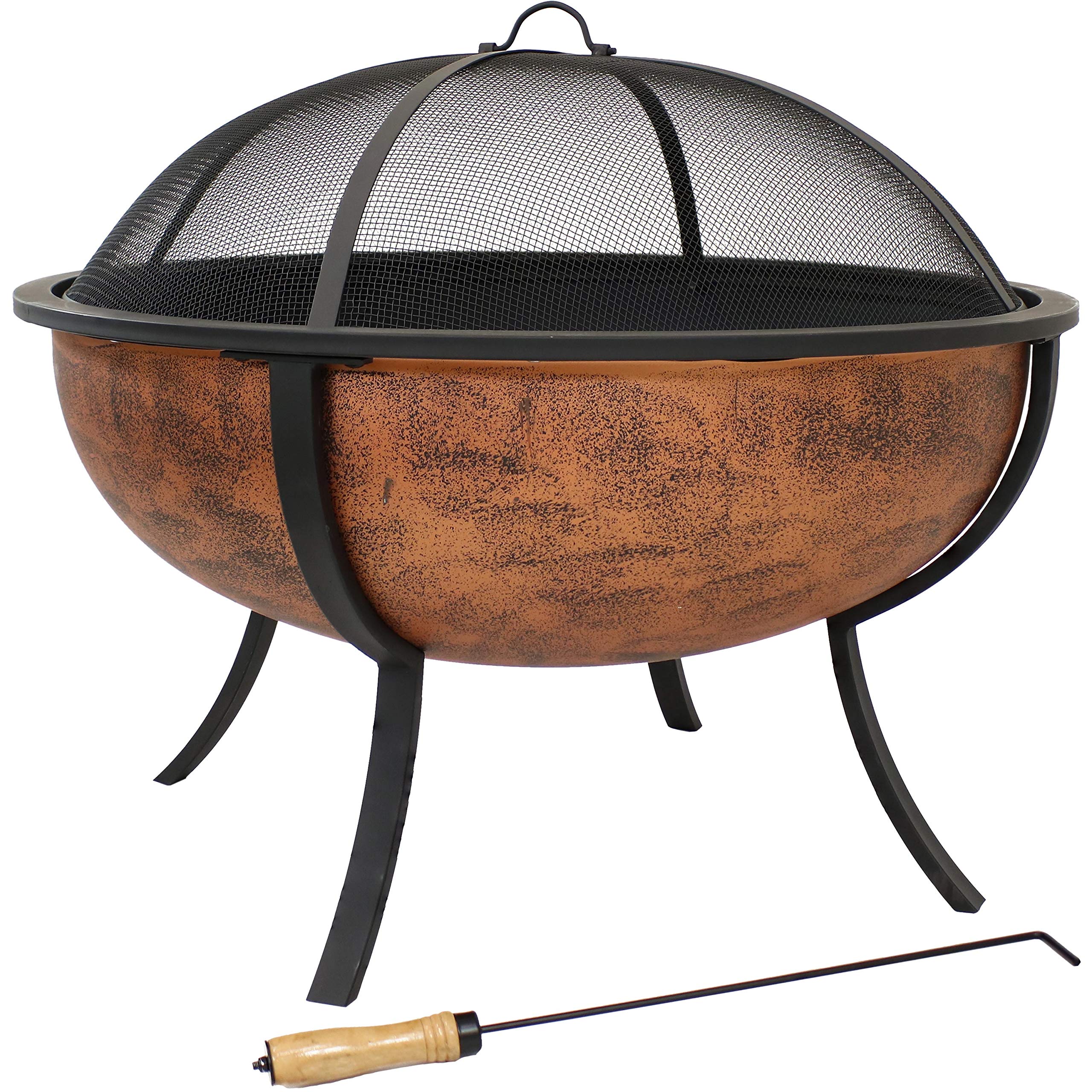 Sunnydaze 32-Inch Steel Fire Pit Bowl - Includes Spark Screen, Wood Grate, and Poker - High-Temperature Copper Finish