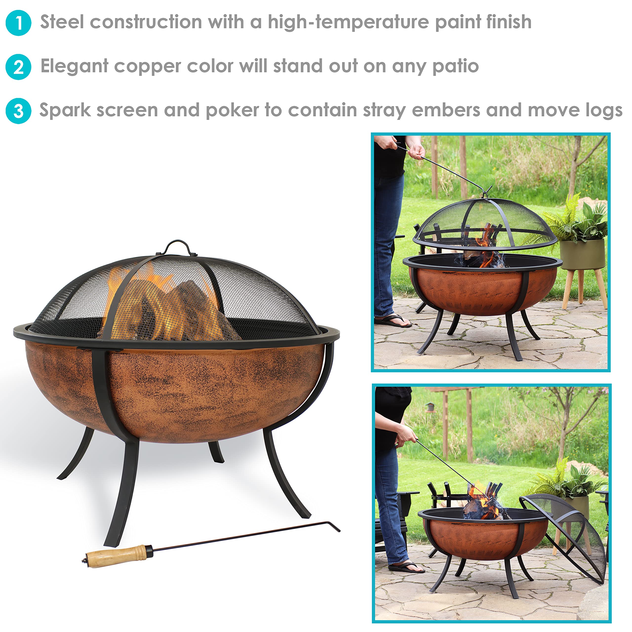 Sunnydaze 32-Inch Steel Fire Pit Bowl - Includes Spark Screen, Wood Grate, and Poker - High-Temperature Copper Finish