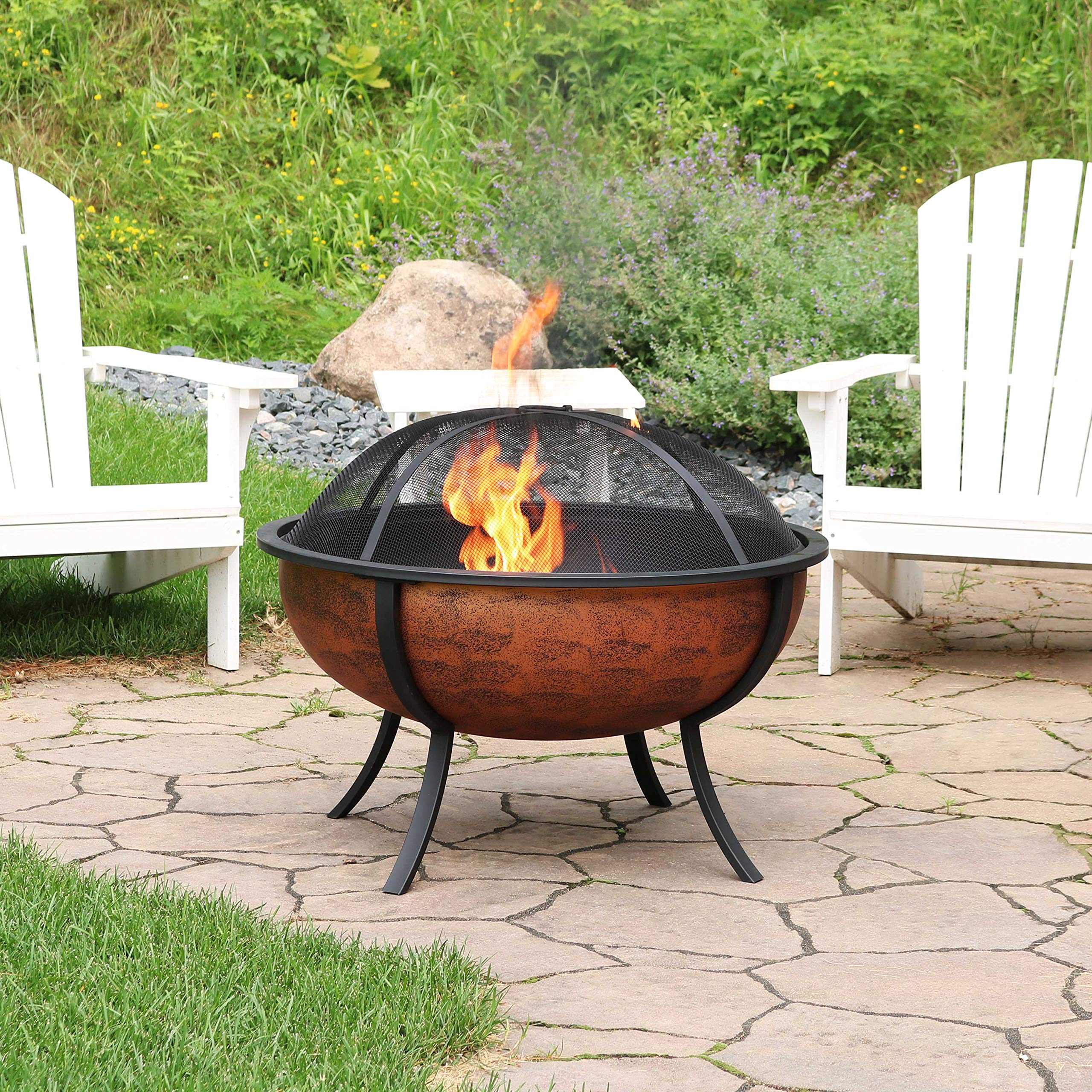 Sunnydaze 32-Inch Steel Fire Pit Bowl - Includes Spark Screen, Wood Grate, and Poker - High-Temperature Copper Finish