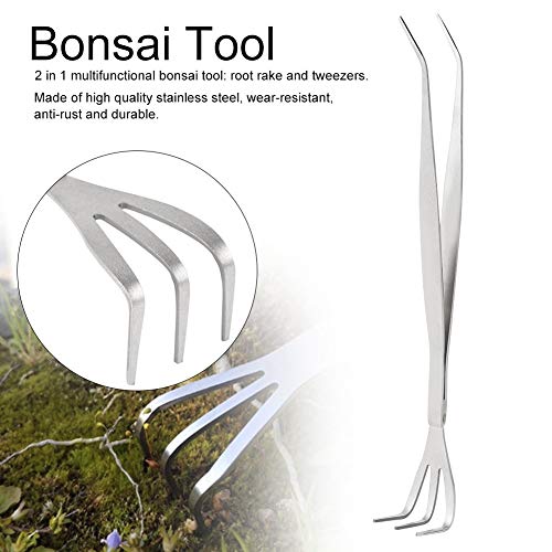 Maxmartt Bonsai Root Rake,2-in-1 Stainless Steel Root Rake Bonsai Tweezers Soil Farming Tool with Ergonomical Handle