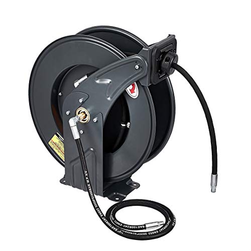 AmazonCommercial Grease Hose Reel Retractable Heavy Duty 1/4" x 50' Premium SAE.100R2AT High Pressure Hose Max 5800 PSI, Squid Ink, Daisy, Black, 17.5x8.5x19.8