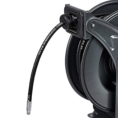 AmazonCommercial Grease Hose Reel Retractable Heavy Duty 1/4" x 50' Premium SAE.100R2AT High Pressure Hose Max 5800 PSI, Squid Ink, Daisy, Black, 17.5x8.5x19.8