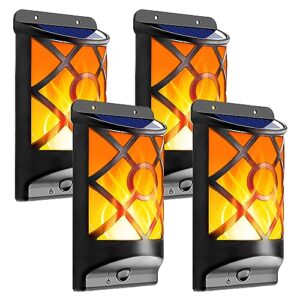 lazybuddy solar flame lights outdoor, flickering flames solar wall light, fire effect 66led auto on/off solar powered wall-mounted night lantern for fence, patio, christmas decoration (4 pack)