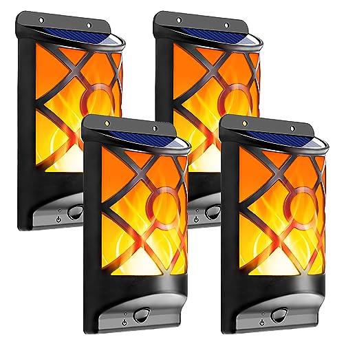 LazyBuddy Solar Flame Lights Outdoor, Flickering Flames Solar Wall Light, Fire Effect 66LED Auto On/Off Solar Powered Wall-Mounted Night Lantern for Fence, Patio, Christmas Decoration (4 Pack)