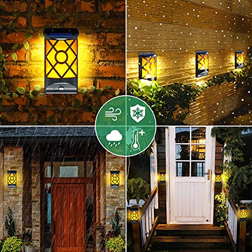 LazyBuddy Solar Flame Lights Outdoor, Flickering Flames Solar Wall Light, Fire Effect 66LED Auto On/Off Solar Powered Wall-Mounted Night Lantern for Fence, Patio, Christmas Decoration (4 Pack)