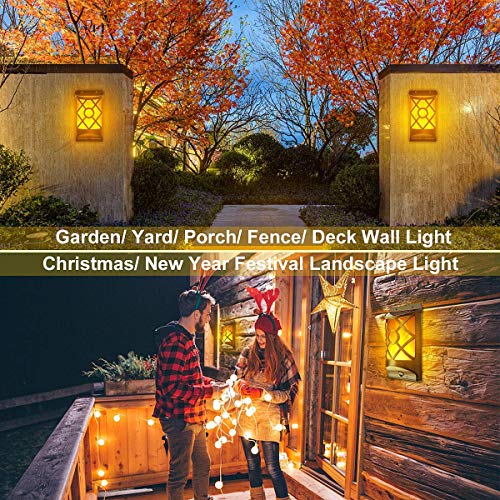 LazyBuddy Solar Flame Lights Outdoor, Flickering Flames Solar Wall Light, Fire Effect 66LED Auto On/Off Solar Powered Wall-Mounted Night Lantern for Fence, Patio, Christmas Decoration (4 Pack)