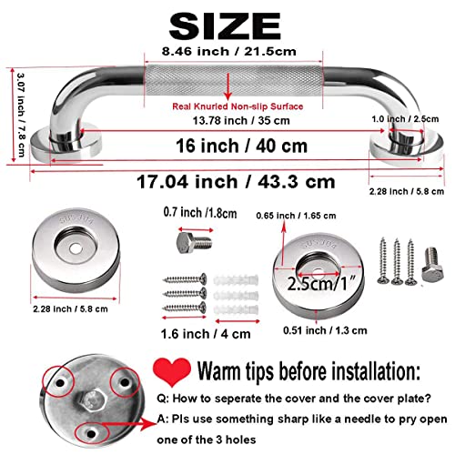 2 Pack 16 Inch Anti Slip Shower Grab Bar Handle, ZUEXT Chrome Stainless Steel Bathroom Grab Bar, Knurled Bathroom Balance Bar,Safety Hand Rail Support,Handicap Elderly Injury Senior Assist Bath Handle