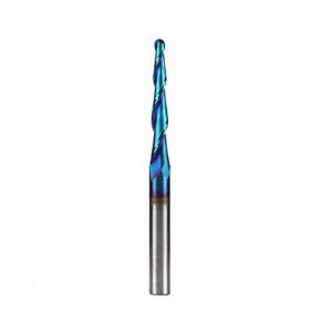 jiiolioa zq2113 spiral cnc router bits 1/4" shank 3"ovl 2.4 deg tapered angle ball nose with naco-blue coating for 2d&3d wood carving