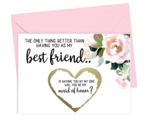 will you be my maid of honor card, pink rose dusky flowers scratch off proposal cards for best friend, bridal party proposal maid of honor card with matching envelope (best friend maid of honor1)