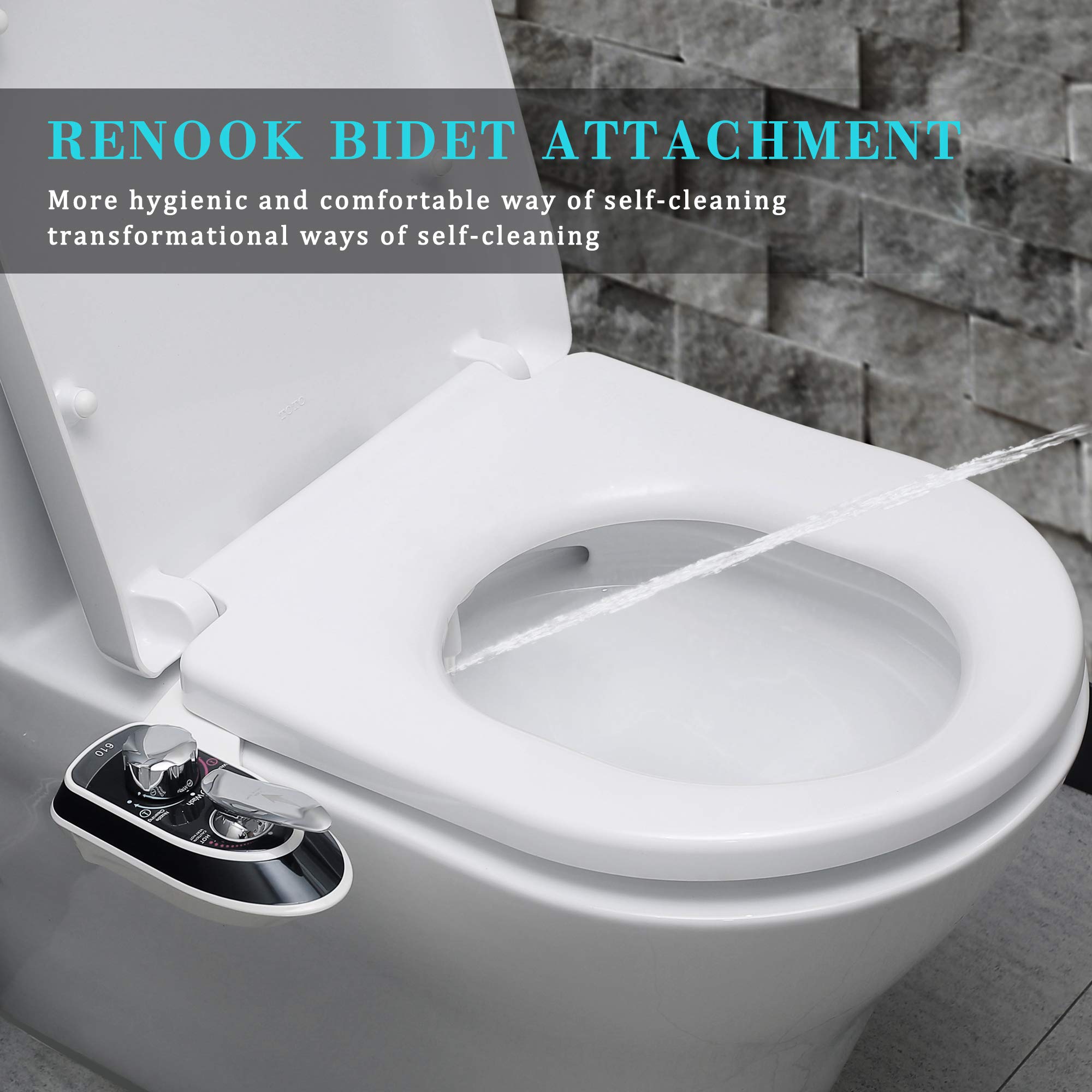 RENOOK Fresh Water Bidet Attachment for Toilet - Self Cleaning Dual Nozzle Sprays Hot & Cold Water – Non Electric Bidet Toilet Seat Attachment - Toilet Washer Bidet Seat for Female & Male Hygiene.