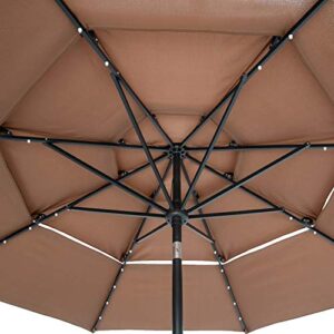 outdoor basic 10Ft 3 Tiers Vented Patio Umbrella Market Table Umbrella with Lights and Crank Handle with Auto-tilt Mechanism Coffee