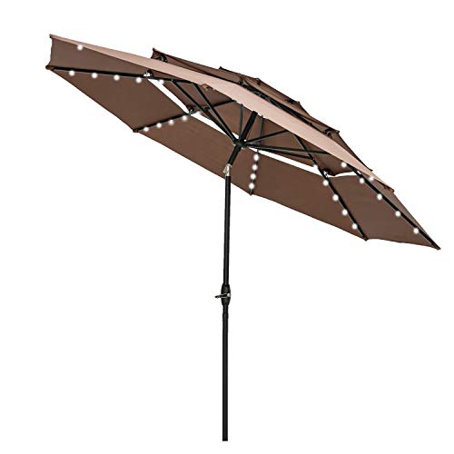 outdoor basic 10Ft 3 Tiers Vented Patio Umbrella Market Table Umbrella with Lights and Crank Handle with Auto-tilt Mechanism Coffee