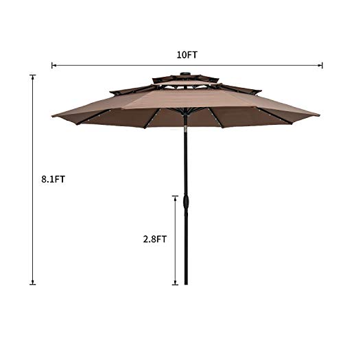 outdoor basic 10Ft 3 Tiers Vented Patio Umbrella Market Table Umbrella with Lights and Crank Handle with Auto-tilt Mechanism Coffee